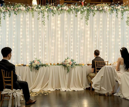 20ft x 10ft Ivory Tulle Photo Backdrop Curtain with Lights String for Parties Wedding Sheer Ivory Curtain Backdrop for Birthday Party Bridal Shower Photo Booth Photography Background Decorations