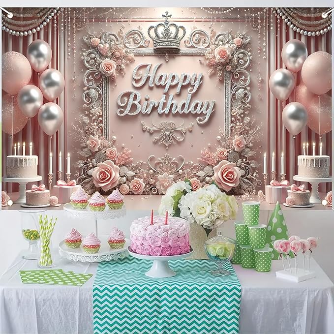 Starlit Patio Elegant Pink Happy Birthday Banner Backdrop Princess Girls Party Decorations Photography Backgrounds Crown Roses Balloons Cake Table Photo Booth Props 71 x 43 inch