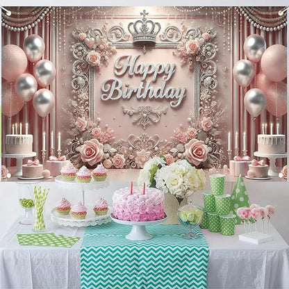 Starlit Patio Elegant Pink Happy Birthday Banner Backdrop Princess Girls Party Decorations Photography Backgrounds Crown Roses Balloons Cake Table Photo Booth Props 71 x 43 inch