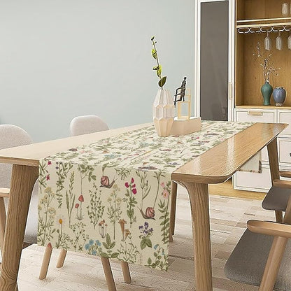 Vintage Mushroom Table Runner Rustic Farmhouse Wildflower Botanical Herbs Retro Boho Nature Plants Spring Summer Seasonal Dinner Runner for Kitchen Cabin Home Holiday Party 13x108in