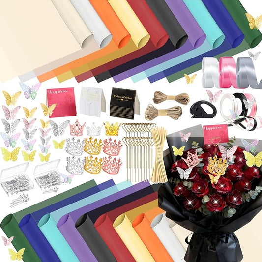 DNSGOOR 548Pcs Flower Wrapping Paper Kit with 200Sheets Waterproof Bouquet Wrapping Paper Decor Crowns 3D Butterfly Bouquet Pins Ribbons for Valentines Graduation Birthday Home Party