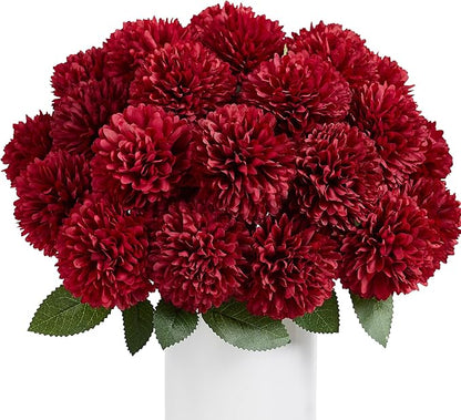 SITUMEIZI 12 Pcs Burgundy Flower Artificial Chrysanthemums Flowers Ball Flower Fake Mums Silk for Halloween Thanksgiving Day Fall Wedding Home Decoration Floral Arrangement