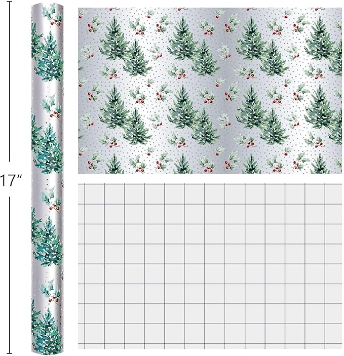 MAYPLUSS Christmas Wrapping Paper Roll - 17 Inch X 33 Feet - Metallic Gift Wrapping Paper Christmas Tree Holly Reversible Red for Holiday Party New Year Kids
