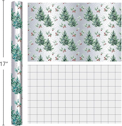 MAYPLUSS Christmas Wrapping Paper Roll - 17 Inch X 33 Feet - Metallic Gift Wrapping Paper Christmas Tree Holly Reversible Red for Holiday Party New Year Kids