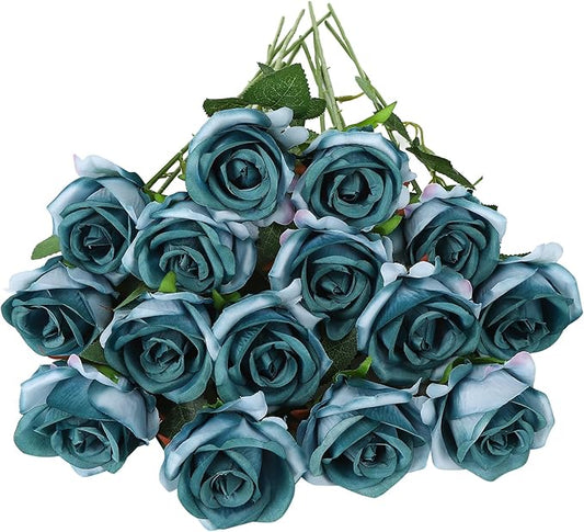 80 Pcs Roses Artificial Flowers, Silk Gradient Blue-Green Artificial Flowers Petals Long Stem Roses for Wedding Bouquet Home Party Decor