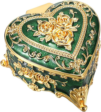 Hipiwe Vintage Jewelry Storage Box Heart Shaped Trinket Box Green Decorative Keepsake Box with Rose Pattern Treasure Organizer Holder for Women