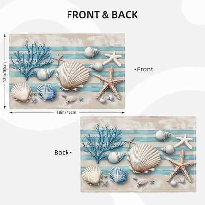 Summer Sea Shell Placemats Set of 6, Coastal Starfish Place Mats, Rustic Summer Ocean Dining Table Mats, Washable Placemats for Kitchen Dining Room 18L'' × 12W''