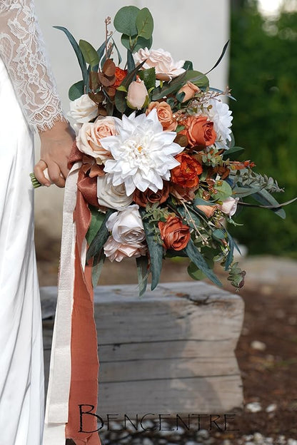 14 Inch Terracotta Bridal Bouquet, Fall Wedding, Bride Bouquets for Ceremony & Anniversary, French Rustic Vintage Style, Artificial Flowers