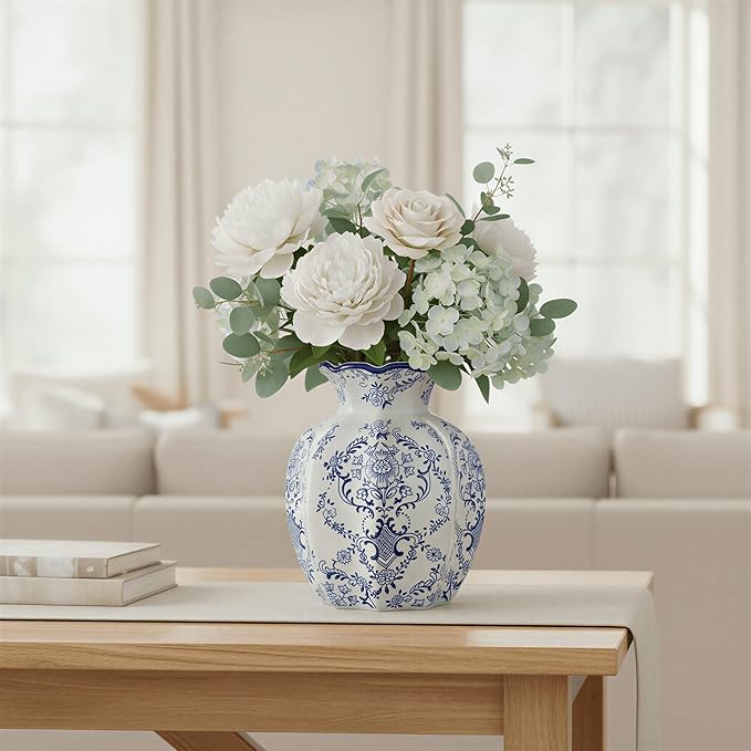 5.9-Inch Blue & White Rustic Vintage Ceramic Vase, Aesthetic Farmhouse Pottery Decor for Living Room, Dining Room, Bookshelf & Office