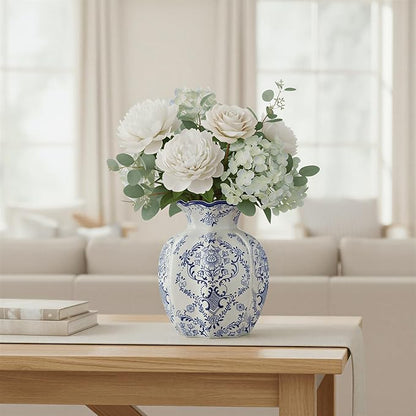 5.9-Inch Blue & White Rustic Vintage Ceramic Vase, Aesthetic Farmhouse Pottery Decor for Living Room, Dining Room, Bookshelf & Office