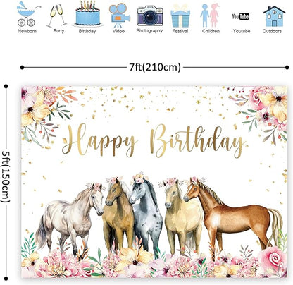 Riyidecor Horse Happy Birthday Backdrop Watercolor Florals 7Wx5H Feet Polyester Fabric Western Cowgirl Photography Background for Girls Women Princess Children Table Decor Banner Studio Photo Shoot