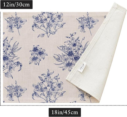 LilyCat Linen Fabric Blue Floral Placemats, Waterproof Durable Boho Dining Table Mats for Kitchen, Rustic Vintage Washable Place Mats Set of 4, 18’’× 12’’