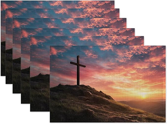 Cross Table Mats Set of 6,Sunset Mountain Non-Slip Washable Placemats for Restaurant Home Kitchen Dinner Table 12x18Inch