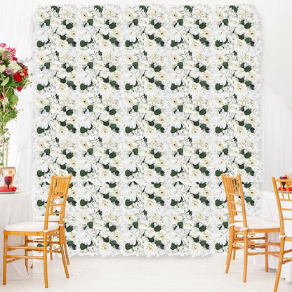 Pack of 12 Artificial Silk Flower Panels, Faux Floral Wall Background for Wedding Party Engagement Bridal Shower Arrangement Home Decorations - White