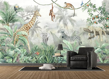Kids Wallpaper Tropical Leves and Safari Animals Wall Mural for Wall Bedroom Living Room TV Background Sofa Wall（Not Peel and Stick）