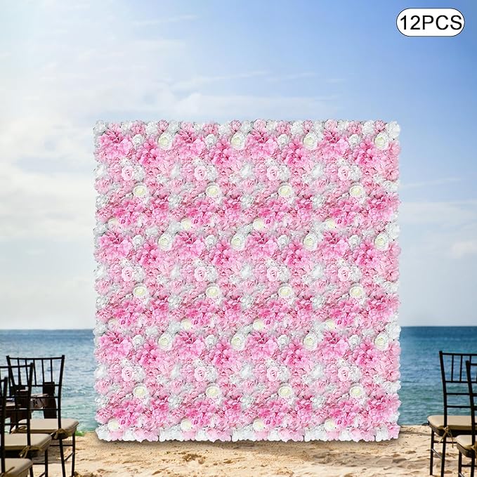 12 Pcs Artificial Flower Wall Panel 3D Silk Fabric Floral Backdrop Flower Wall Decor for Wedding Party Event Photo Stage (White Dahlia + Deep Champagne)