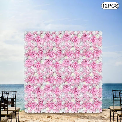 12 Pcs Artificial Flower Wall Panel 3D Silk Fabric Floral Backdrop Flower Wall Decor for Wedding Party Event Photo Stage (White Dahlia + Deep Champagne)