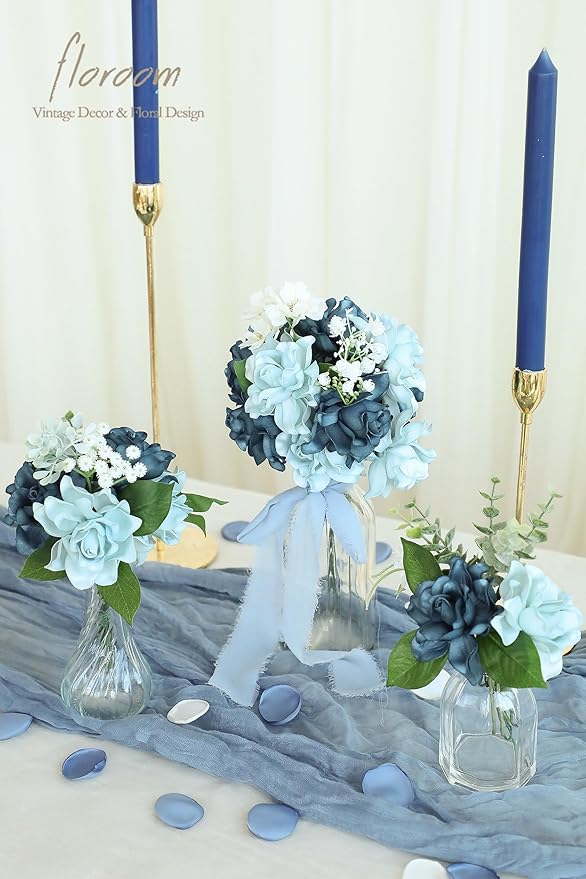 Floroom Artificial Gardenia Flowers 2.7" 25pcs Real Looking Dusty Blue Shades Foam Fake Flowers with Stem for DIY Wedding Bouquets Bridal Shower Centerpieces Floral Arrangements Party Table Decoration