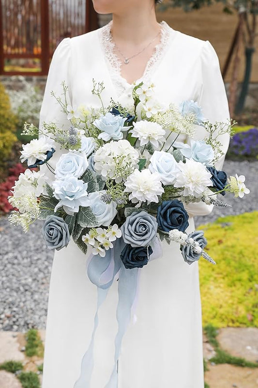 Blue Artificial Flowers Combo Box Set Gradient Color Flower Leaf with Stems for DIY Wedding Bouquets Centerpieces Baby Shower Party Home Decorations