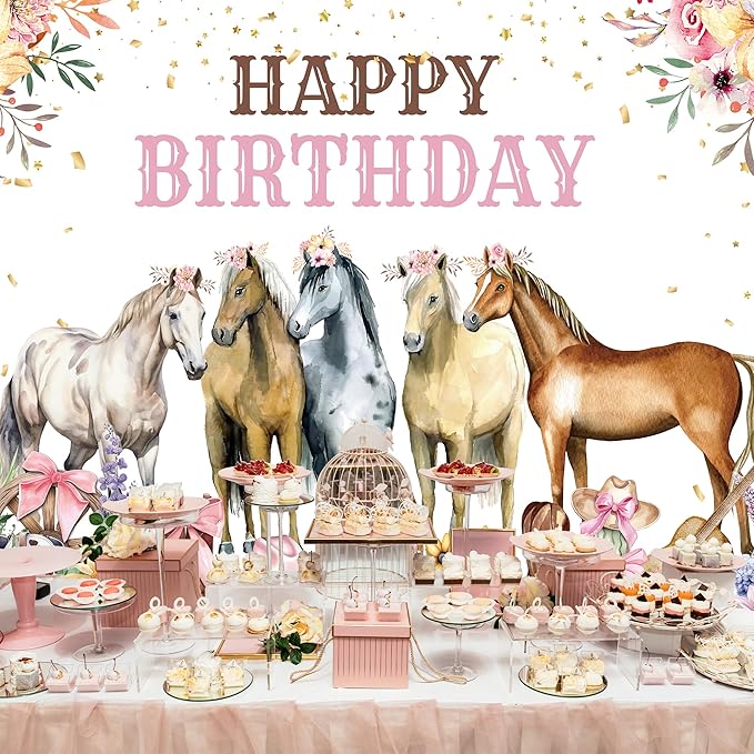 Riyidecor Horse Happy Birthday Backdrop Cowgirl Western Florals Flowers 7Wx5H Feet Polyester Fabric Bow Photography Background for Girls Women Princess Children Table Decor Banner Studio Photo Shoot