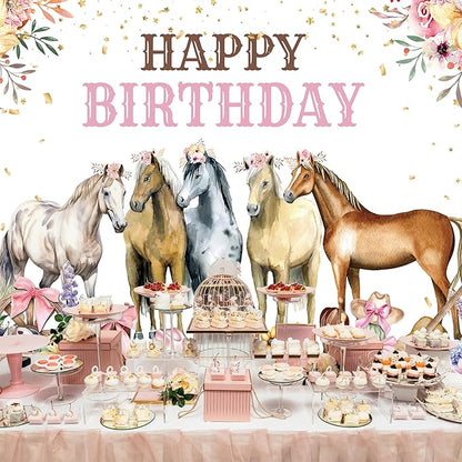Riyidecor Horse Happy Birthday Backdrop Cowgirl Western Florals Flowers 7Wx5H Feet Polyester Fabric Bow Photography Background for Girls Women Princess Children Table Decor Banner Studio Photo Shoot