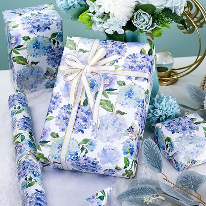 MAYPLUSS Floral Gift Wrapping Paper Roll - Watercolor Blue Hydrangea Design Floral Gift Wrap Paper for Wedding, Bridal Shower, Mother’s Day, Valentine's Day, Birthday, Anniversay (17 Inch X 16.5Feet)