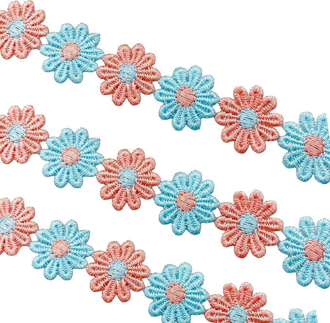 15 Yards Daisy Flower Lace Trim Embroidered Floral Lace Sewing Trim Ribbons for Embellishment Craft Dress Hair Accessories Decorations(Pink/Blue)