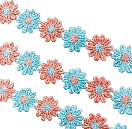 15 Yards Daisy Flower Lace Trim Embroidered Floral Lace Sewing Trim Ribbons for Embellishment Craft Dress Hair Accessories Decorations(Pink/Blue)