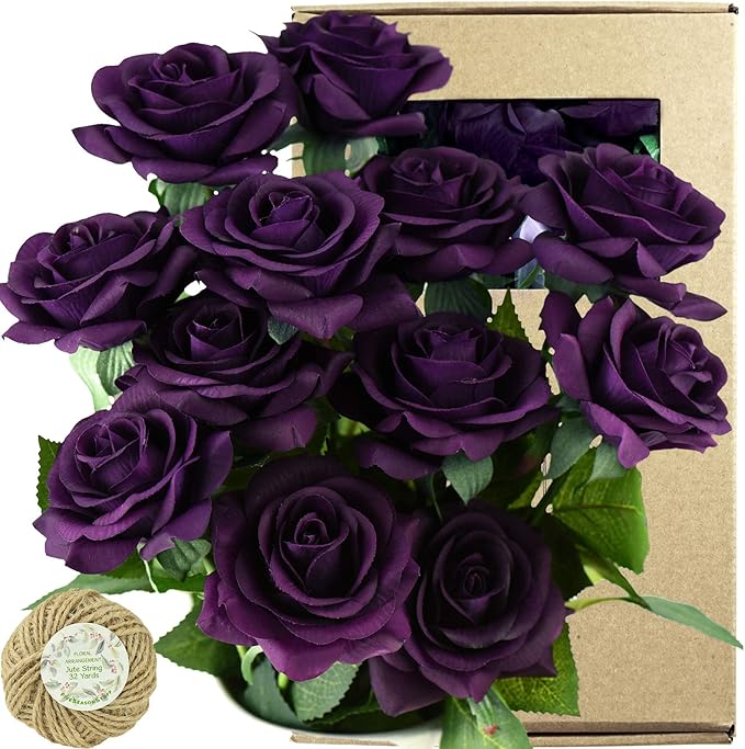 FiveSeasonStuff 12 Stems Artificial Flowers Real Touch Silk Roses for Wedding Decoration Bridal Bouquets Table Centerpieces Party Shower, Packed in Box (Mysterious Purple)