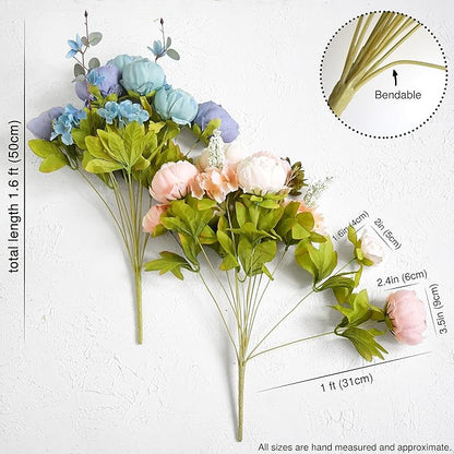 FiveSeasonStuff Vintage Artificial Peonies Silk Peony Flowers and Hydrangeas for Wedding Bridal Home Décor – Beautiful Floral Centerpiece Arrangement with 2 Bouquets (Tranquil Blue and Pink Mix)