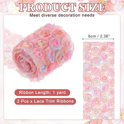 uxcell 2PCS Lace Trim Ribbon, 2.36 inch - 1 Yard 3D Rose Floral Embroidery Ribbons Edge Trimming for Sewing, Wedding Dress, DIY Crafts, Decoration Accessories, Pink Rose