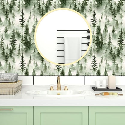 Foggy Forest Wallpaper Peel and Stick,Green Pine Trees Contact Paper,Misty Woodland Landscape Wall Paper Mural Self Adhesive Waterproof Removable for Bathroom Shelves Cabinet Drawer Table 17.5" x 118"