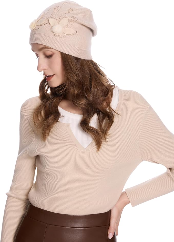 ZLYC Women Floral Slouchy Beanie Hat Double Layer Winter Knit Skull Cap