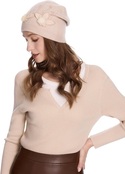 ZLYC Women Floral Slouchy Beanie Hat Double Layer Winter Knit Skull Cap