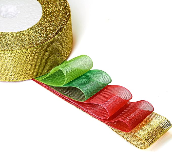 Organza Ribbon Sheer Ribbon, 1" x 125 Yd 5 Rolls Christmas for Gift Wrapping, Bouquet, Wedding, Party Decoration, Christmas