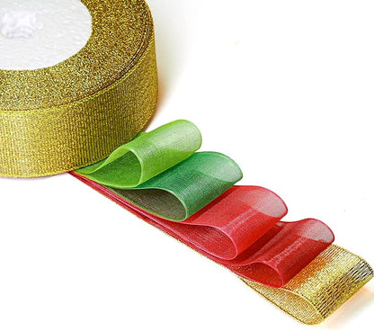 Organza Ribbon Sheer Ribbon, 1" x 125 Yd 5 Rolls Christmas for Gift Wrapping, Bouquet, Wedding, Party Decoration, Christmas