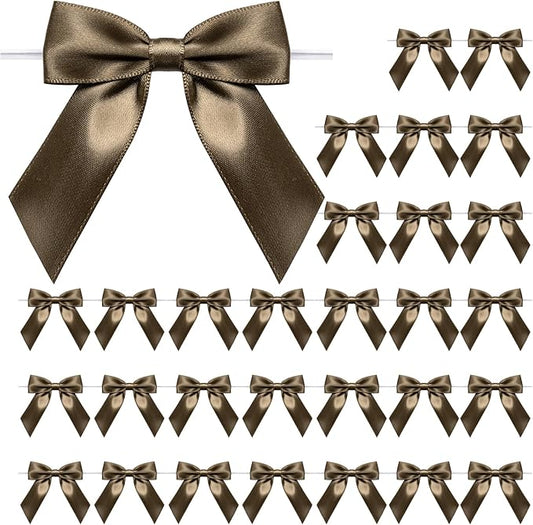 WRAPAHOLIC 30 Pcs 3" Brown Satin Ribbon Bows with Twist Tie - Pretied Premade Craft Bows for Christmas Party Crafts Treat Bags Gift Wrapping Wedding Birthday Baby Shower