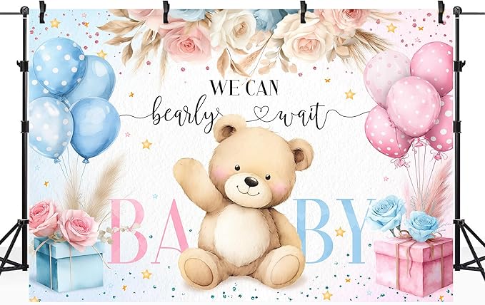 Riyidecor Bear Gender Reveal Backdrop Polyester Fabric We Can Bearly Wait Boho Floral Pampas Grass Rose Flowers 7Wx5H Feet Balloon Baby Shower Photography Background He or She Photo Studio Shoot