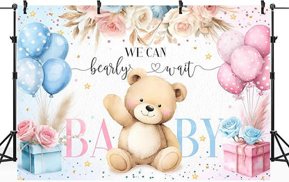 Riyidecor Bear Gender Reveal Backdrop Polyester Fabric We Can Bearly Wait Boho Floral Pampas Grass Rose Flowers 7Wx5H Feet Balloon Baby Shower Photography Background He or She Photo Studio Shoot