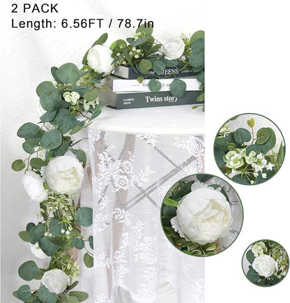 SOMYTING 2 Pack 13FT Flower Garland, Artificial Rose Vine Fake Flower Garland Silk Rose Peony Hanging Vine Faux Floral Vine for Wedding Party Arch Table Wall Backdrop Decoration (White)