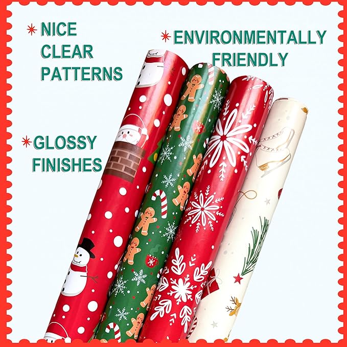 Christmas Wrapping Paper Set of 4 Rolls (93 sq. ft. ttl) With Colorful Holiday Patterns Santa Claus, Reindeer, Christmas Tree, Snowman, snowflakes for Gifts - 17 inches x 16.5 feet Per Roll