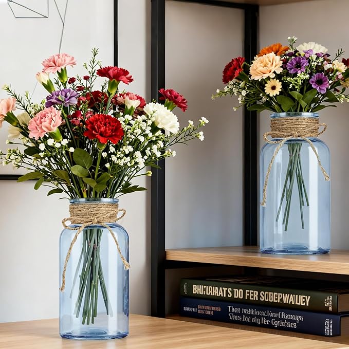 Vintage Glass Flower Vase，12 Pack Blue Farmhouse Glass Centerpiece Vases Mason Jars for Weddings, Parties & Home Decor Bulk (12, Blue)
