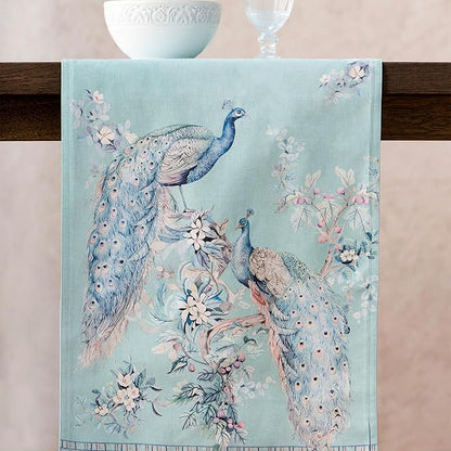 Maison d' Hermine Tablerunners 100% Combed Cotton Premium Table Runner Decorative Table Cover, Home, Kitchen, Peacock Utopia - Pastel Turquoise, Double Layer - (14.5"x72")
