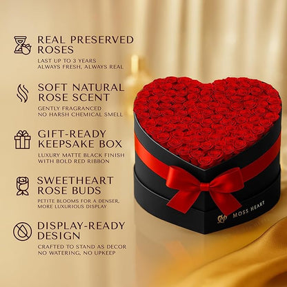 100 Preserved Roses, Forever Flowers for Delivery in Designer Heart-Shaped Box, Petite Long-Lasting Buds for Women, Eternal Rose Bouquet for Mothers Day, Girlfriend's Birthday