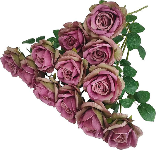 Fall Purple Satin Roses,12 Pcs Purple Roses Flowers, Silk Floral,Artificial Flowers with Stems for Wedding Arrangement Centerpieces Party Home Table Decorations,Flores Artificiales