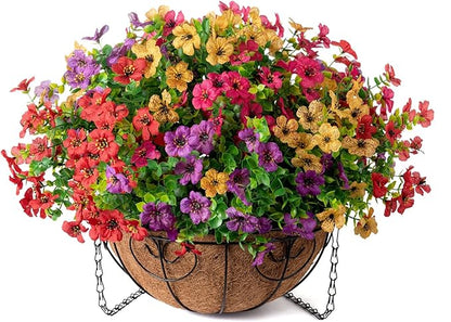 HyeFlora Artificial Faux Hanging Plants Flowers Basket for Summer Outdoor Outside Decoration, Fake Silk UV Sun Resistant Look Real Colorful Daisy Eucalyptus for Porch Home Patio Balcony Yard