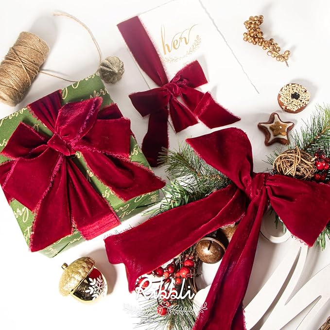 Ribbli Burgundy Velvet Ribbon 2 Inch Handmade Frayed Vintage Christmas Ribbon for Gift Wrapping Christmas Tree Ornament Wreath Craft Home Decor -3 Yards