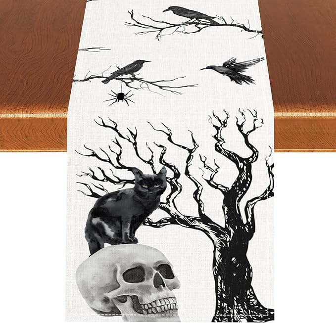 Gothic Table Runner, Black Cat Day of Death Crow Skull Halloween Witchy Retro Coffee Table Center Decor for Home Kitchen Dining Patio Holiday Party Table Decorations 13x36 inches