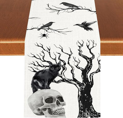 Gothic Table Runner, Black Cat Day of Death Crow Skull Halloween Witchy Retro Coffee Table Center Decor for Home Kitchen Dining Patio Holiday Party Table Decorations 13x36 inches