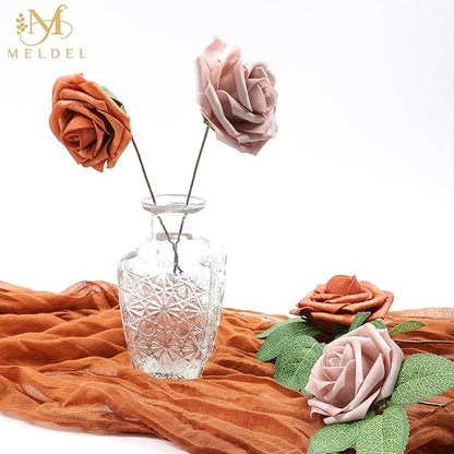 Meldel Artificial Flowers 25pcs Real Looking Burnt Orange Warm Taupe Foam Fake Roses with Stems for DIY Wedding Bouquets Bridal Shower Centerpieces Floral Arrangements Home Decorations Bulk Crafts